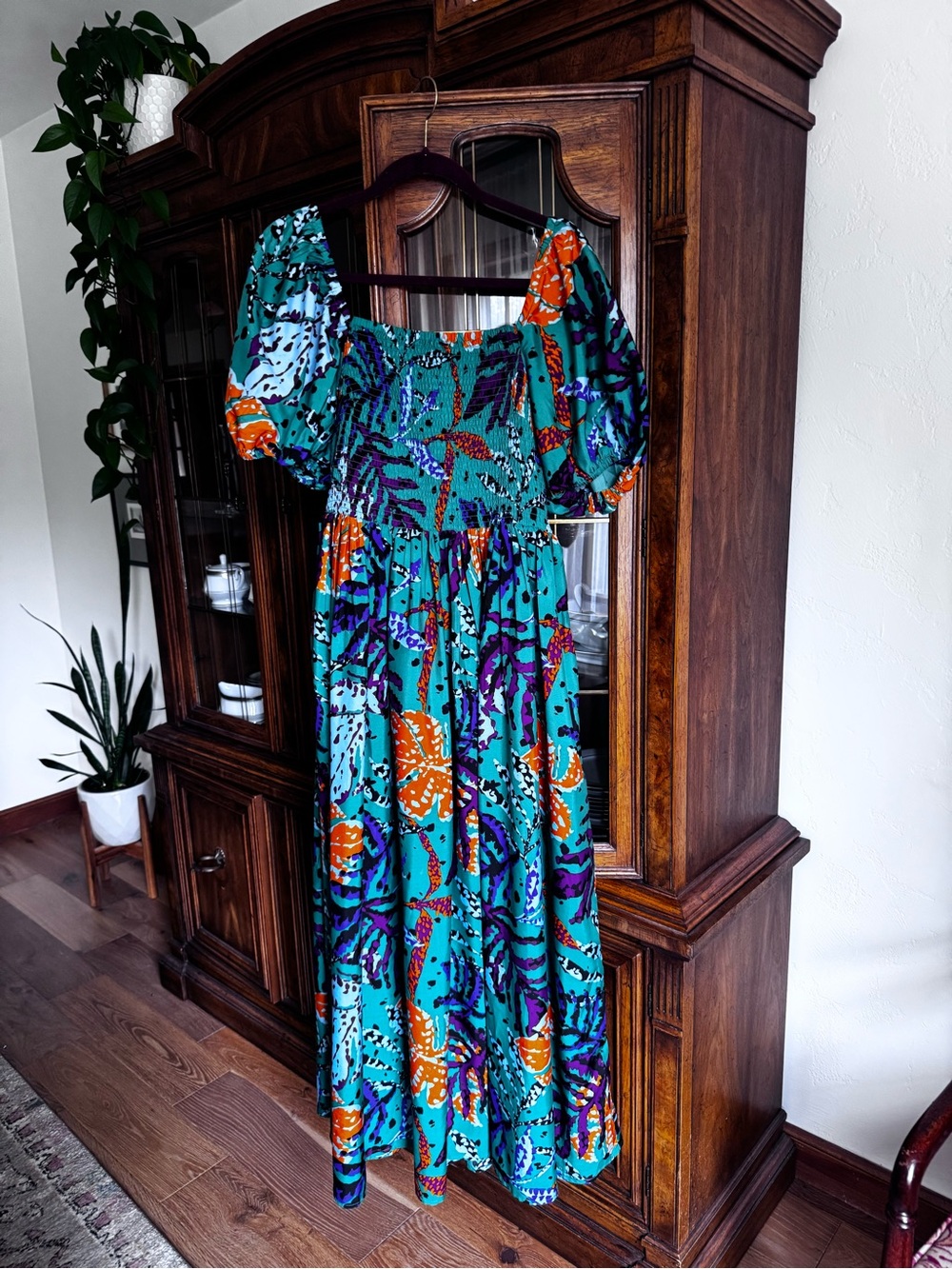 Green Floral Maxi Dress with Puff Sleeves